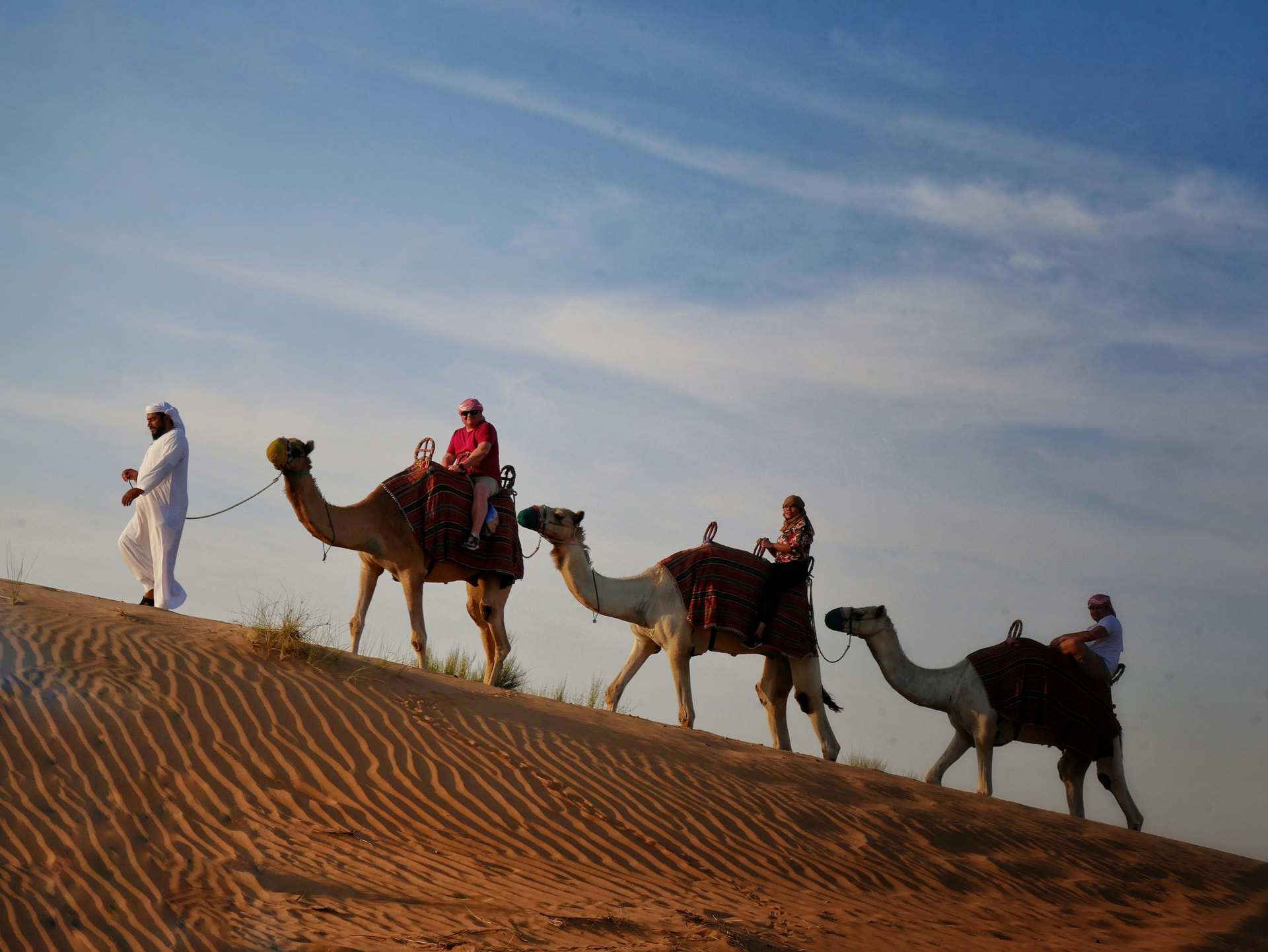 A guide in a white kandura leads three camels with riders along the crest of a sand dune outside Dubai