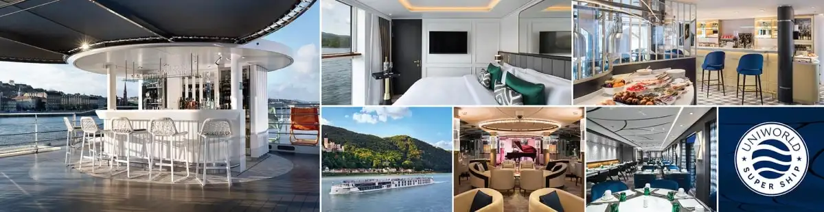 A river cruise cabin, the ship passing wooded hills, and its lounge