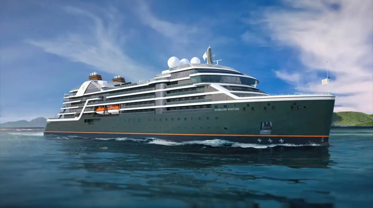 A modern expedition ship under way
