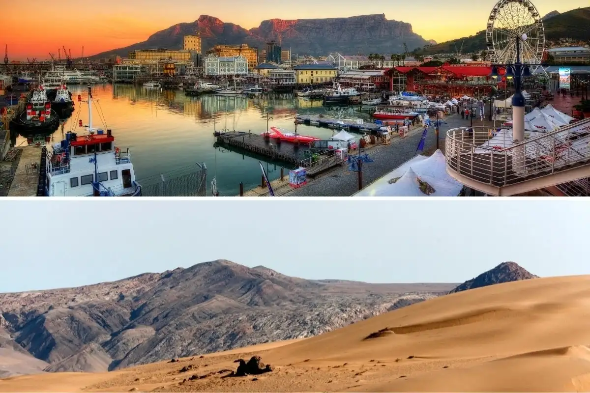 Cape Town’s harbour below Table Mountain, beside a red dune in the Namib desert