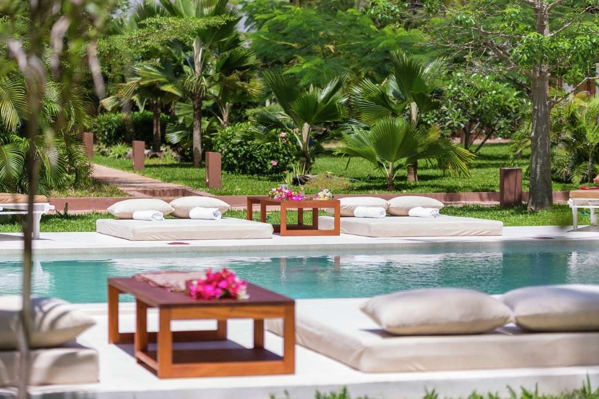 Daybeds beside a garden pool framed by palms