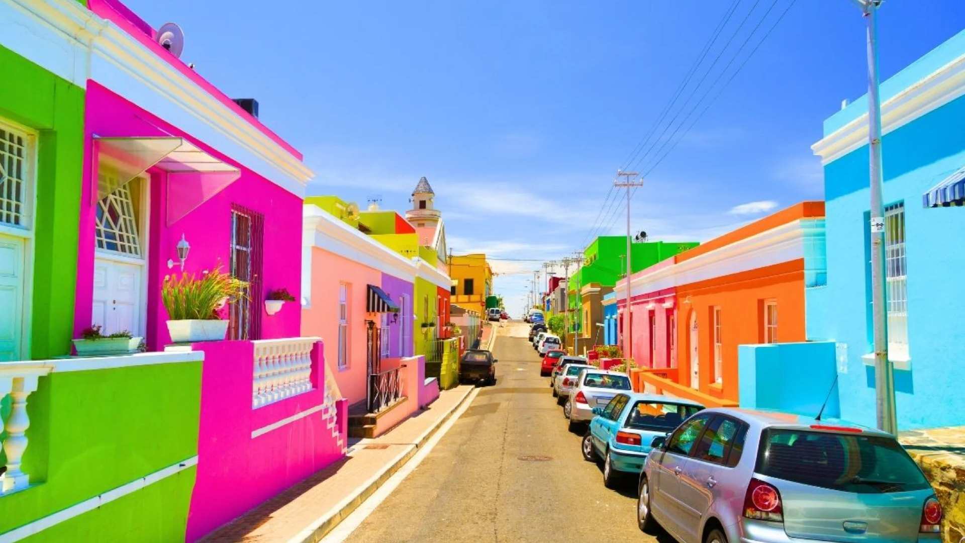 A steep street of brightly painted houses in the Bo-Kaap, Cape Town
