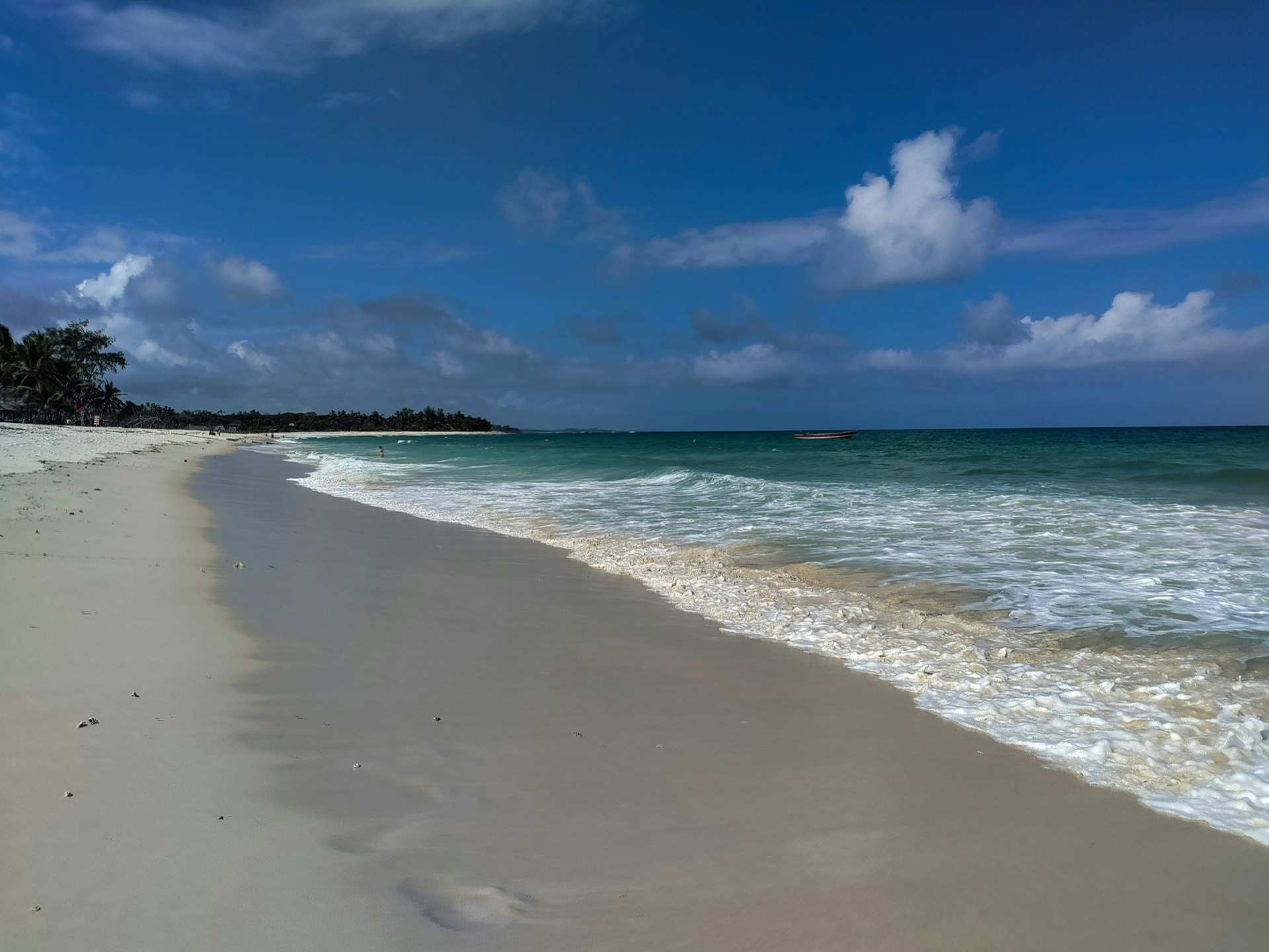 White sand and turquoise surf on the Diani shoreline, palms along the headland