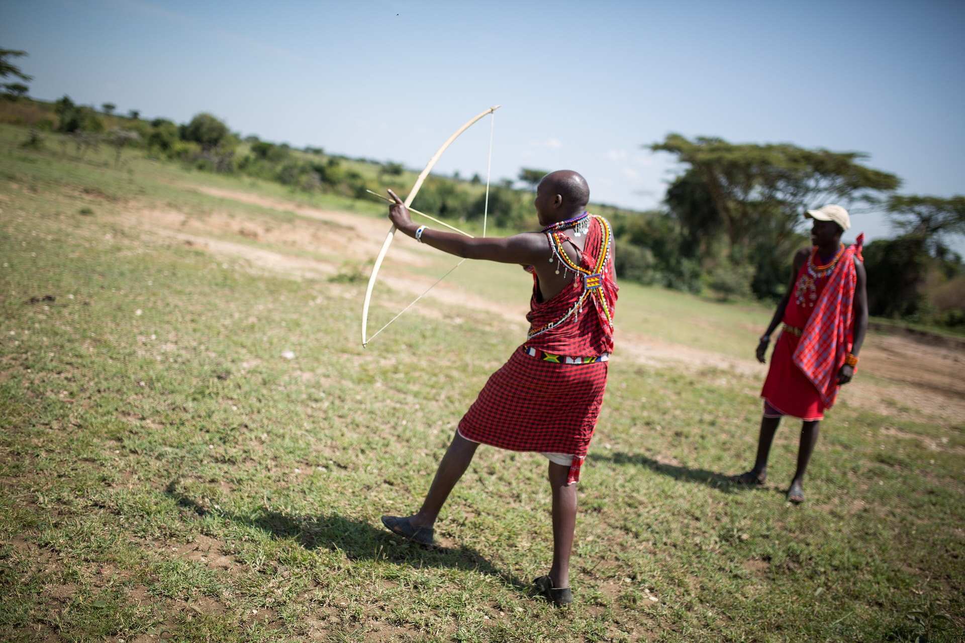 A Maasai guide draws a traditional bow during a walking safari in the Ol Kinyei Conservancy, a second guide behind him on the open grass