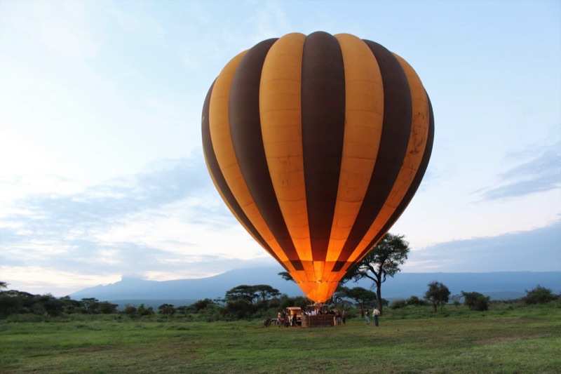 A hot-air balloon standing fully inflated on the grass at dawn while the crew hold the basket