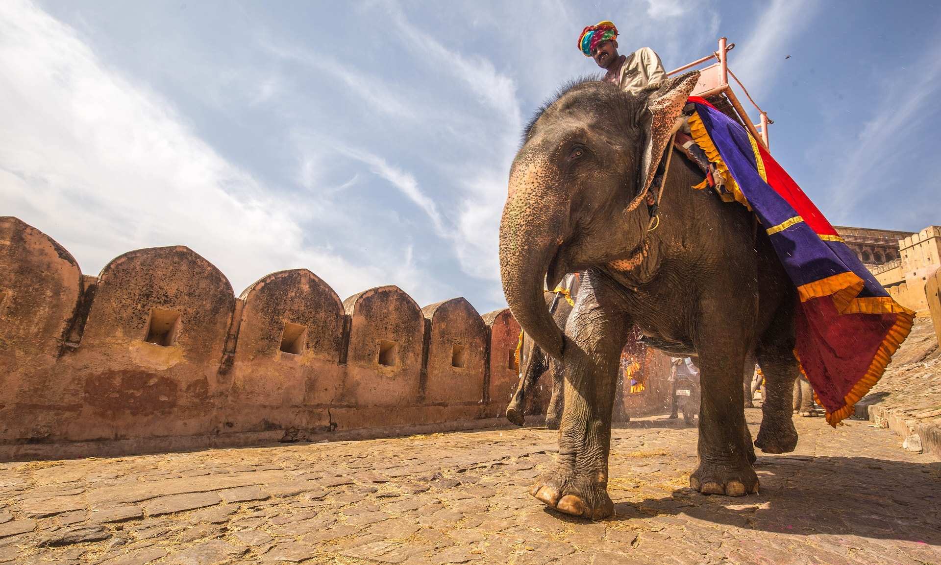 A painted elephant and its turbaned mahout on the cobbled ramp beside the ramparts of Amber Fort outside Jaipur