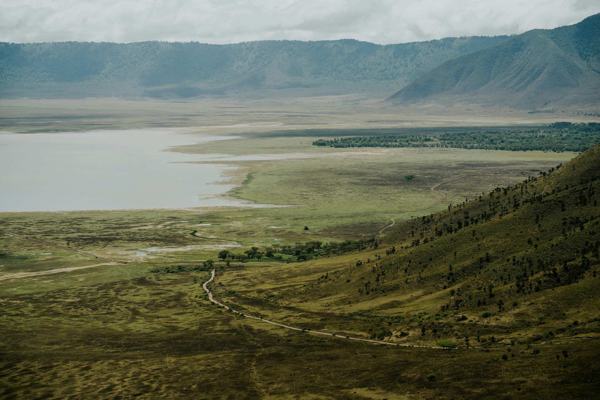 View from the rim of the Ngorongoro Crater down to the crater floor and its lake, with a road winding down the slope