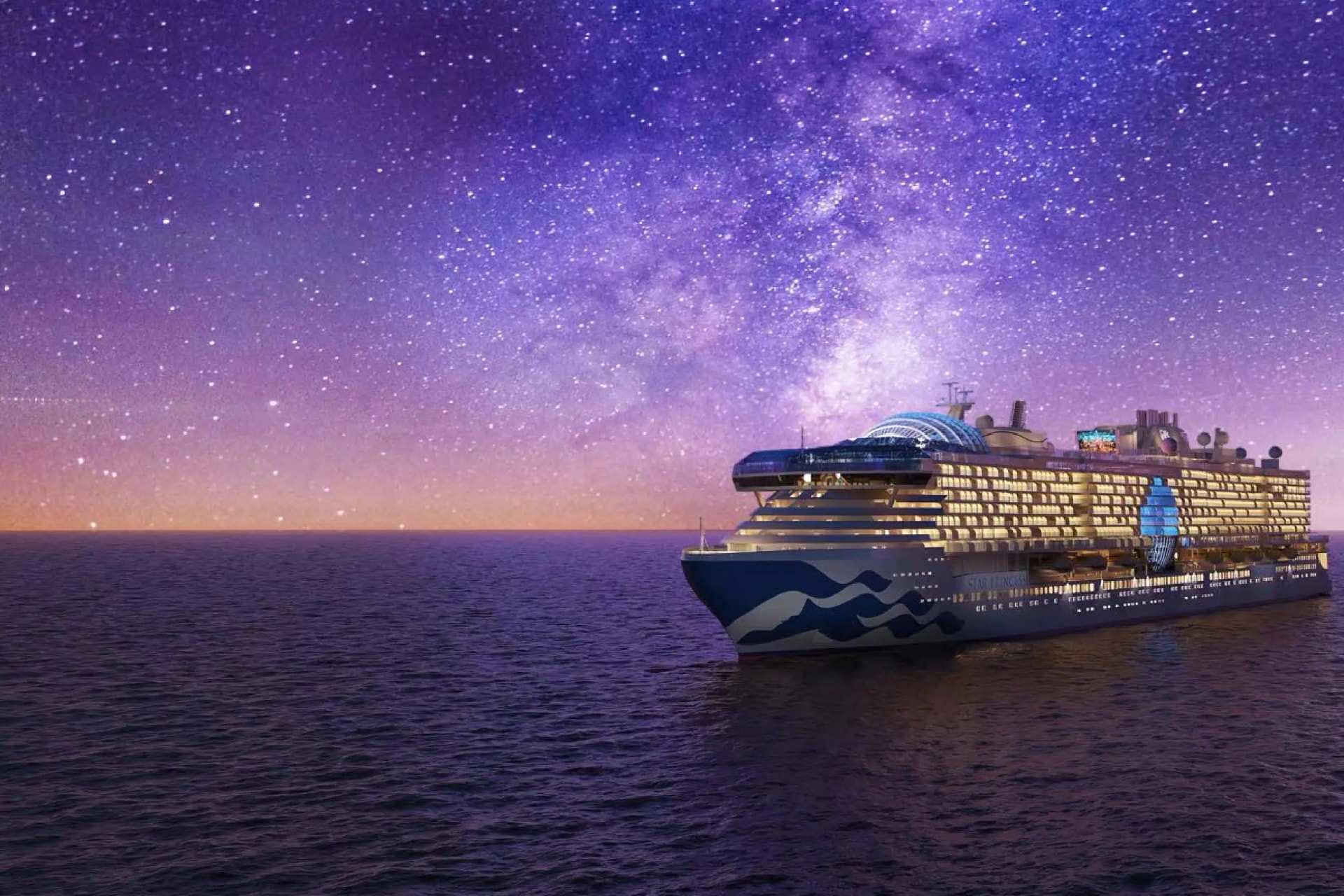 Star Princess at sea beneath a star-filled twilight sky