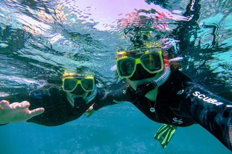 Two snorkellers in wetsuits and masks just under the surface in clear turquoise water