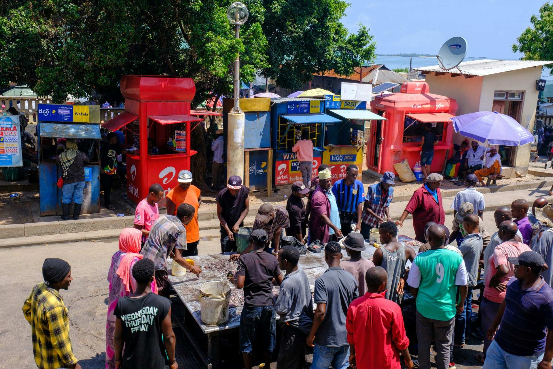 A crowd gathers round a fish seller at the Mzizima fish market in Dar es Salaam, with red mobile money kiosks behind