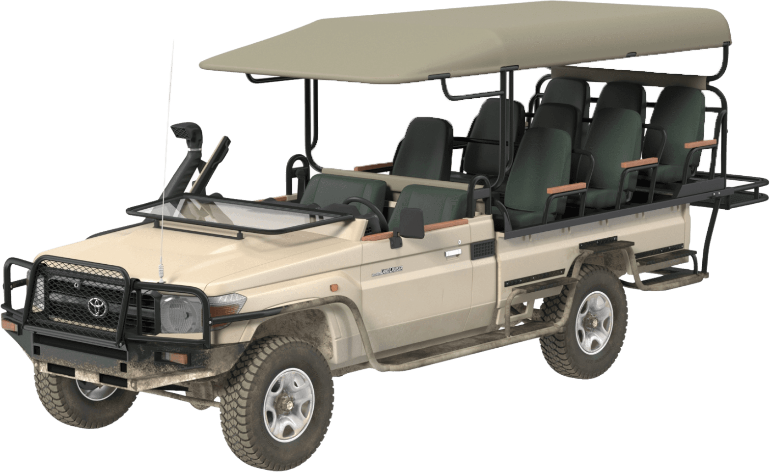 An open-sided cream Land Cruiser game viewer seen from the front left. No side panels at all: a flat canopy on posts over three rows of green seats, a snorkel up the windscreen pillar and a heavy bull bar.