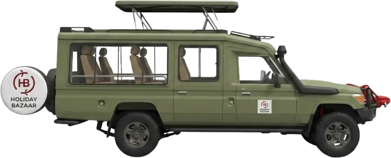 A pop-top safari four-wheel-drive, roof raised