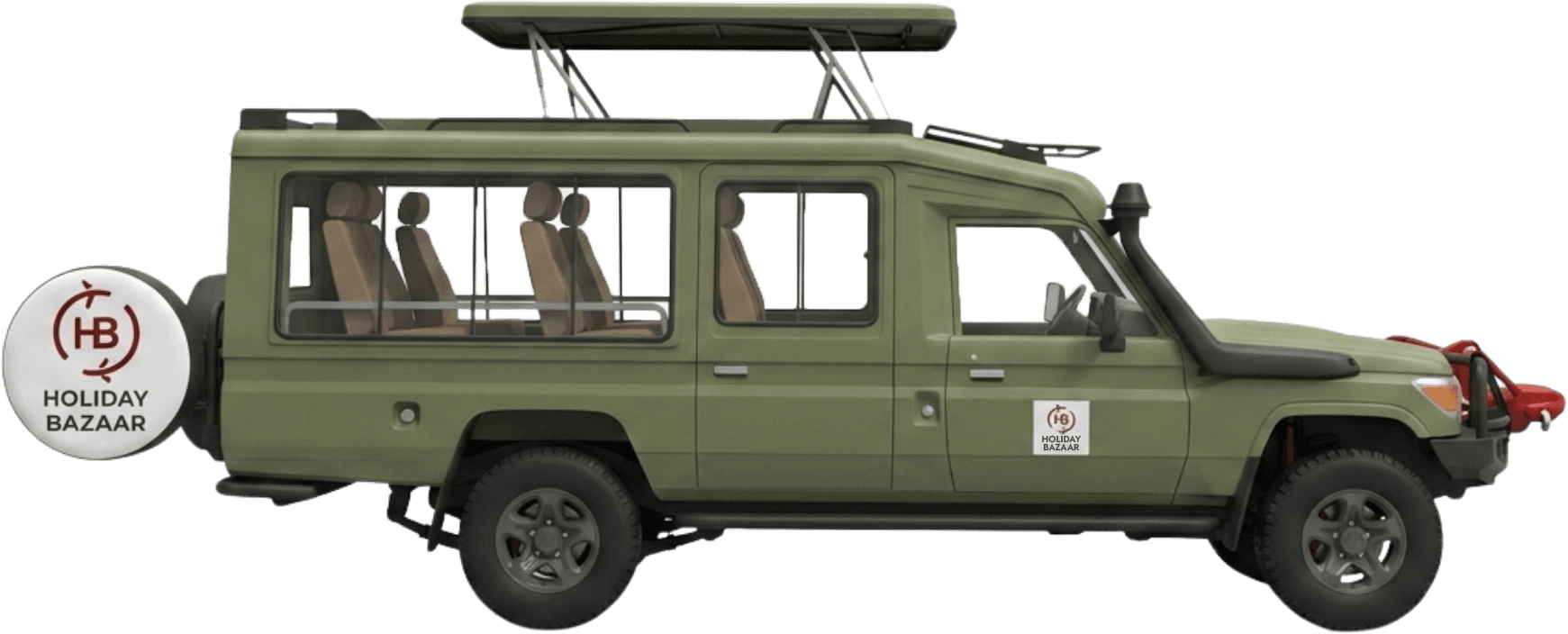 Holiday Bazaar's own olive-green Land Cruiser seen from the side, with glazed windows the length of the cabin, the pop-top roof raised on its struts and the Holiday Bazaar roundel on the door.