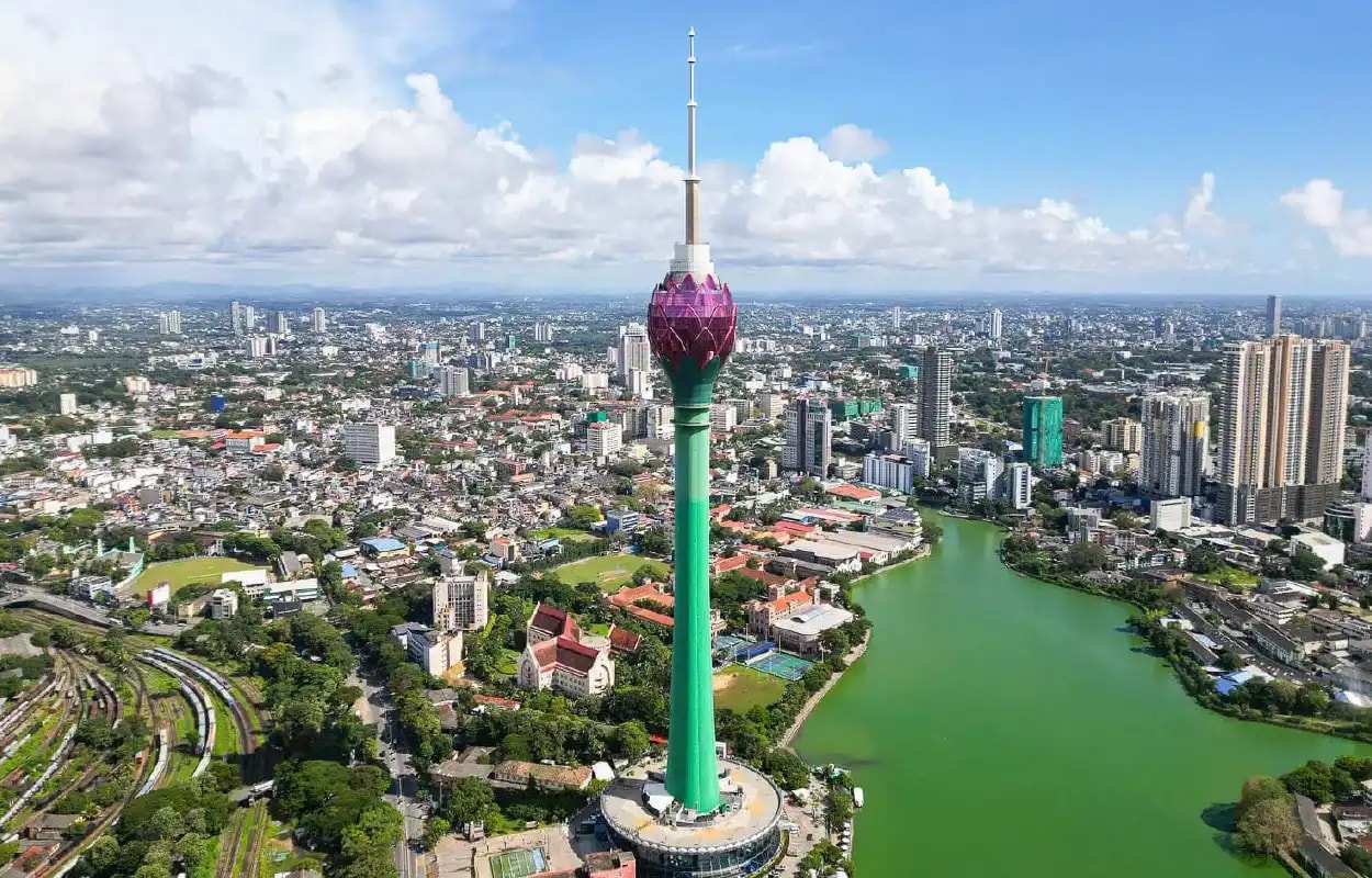 Colombo's Lotus Tower rising above the city, a lake at its foot