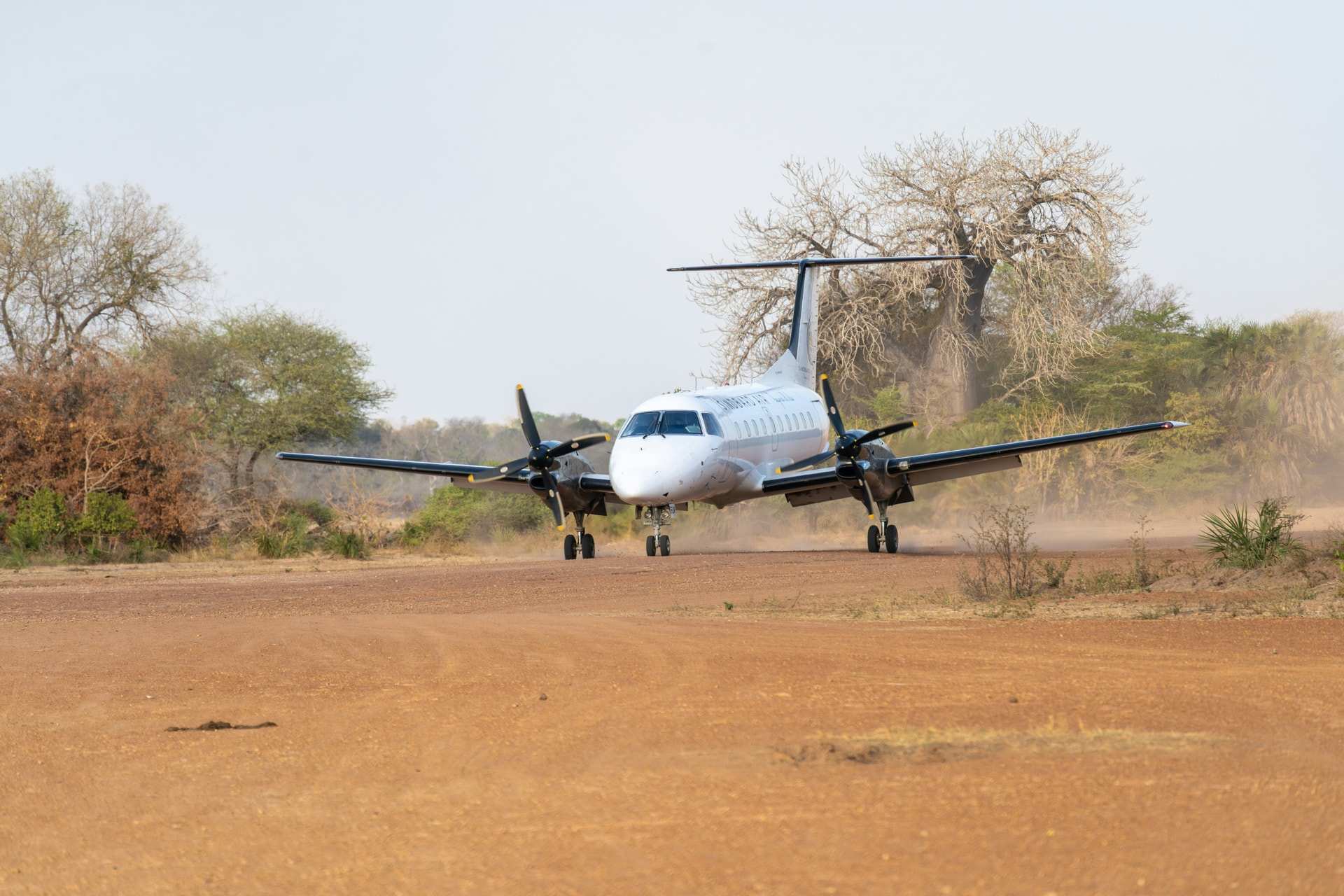 A twin-propeller plane rolls along the red dirt Mtemere airstrip in Tanzania, a baobab behind it