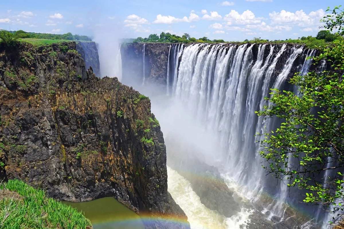 Spray rising from the Zambezi gorge below Victoria Falls