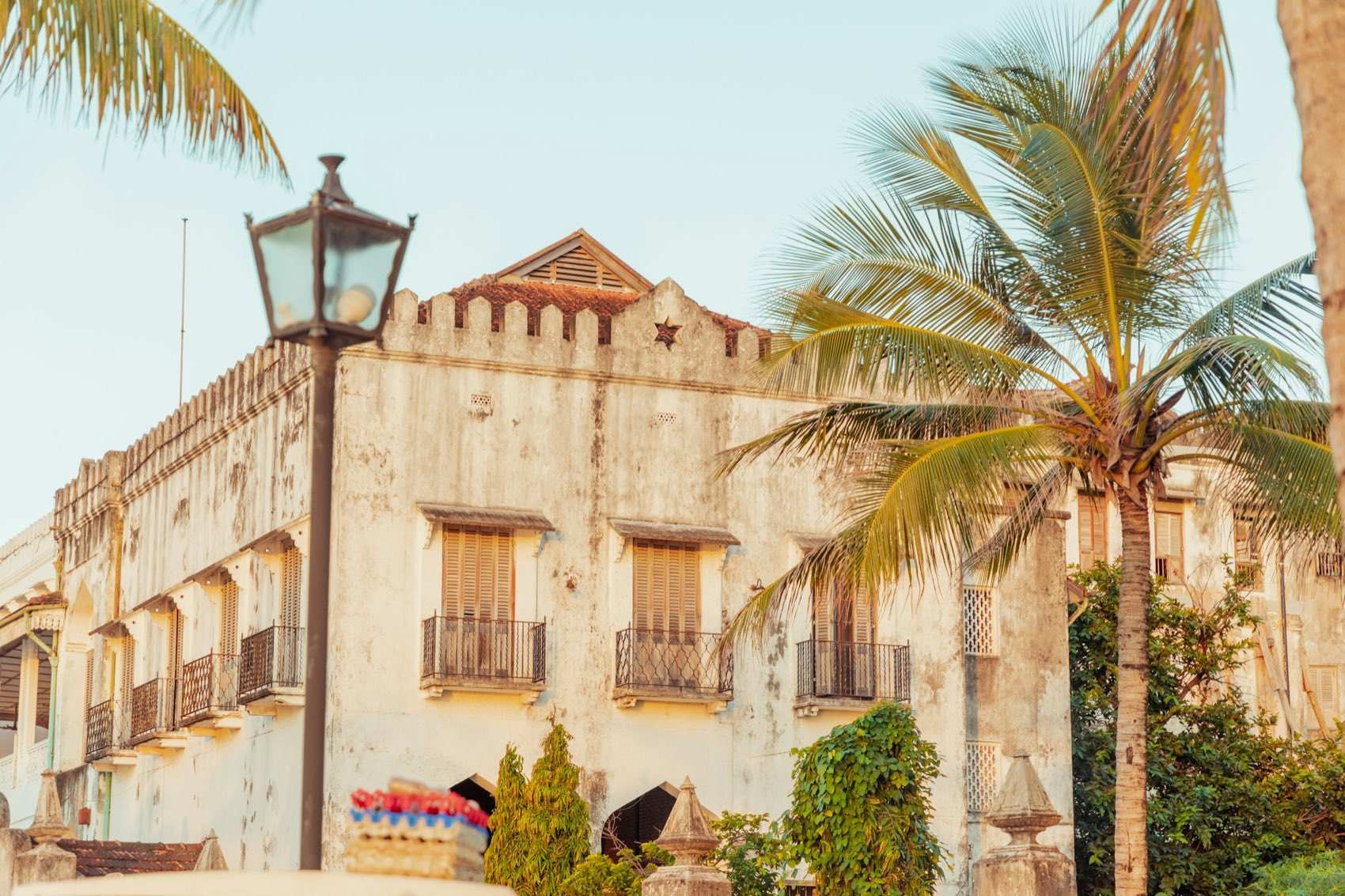 Carved balconies and shuttered windows on a Stone Town building, palms in the foreground